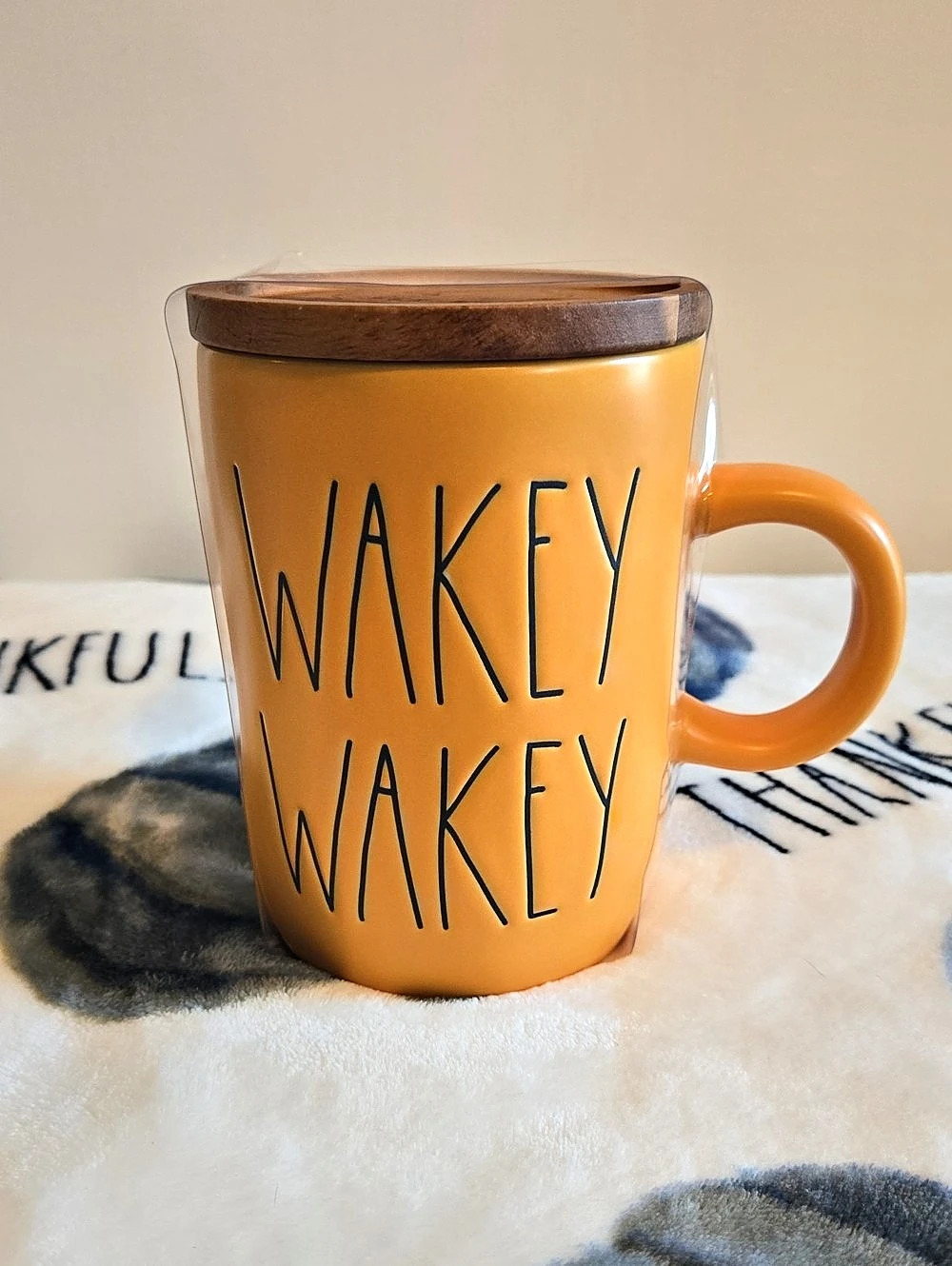 Rae Dunn Wakey mug Orange Mug with Wooden Lid Like New